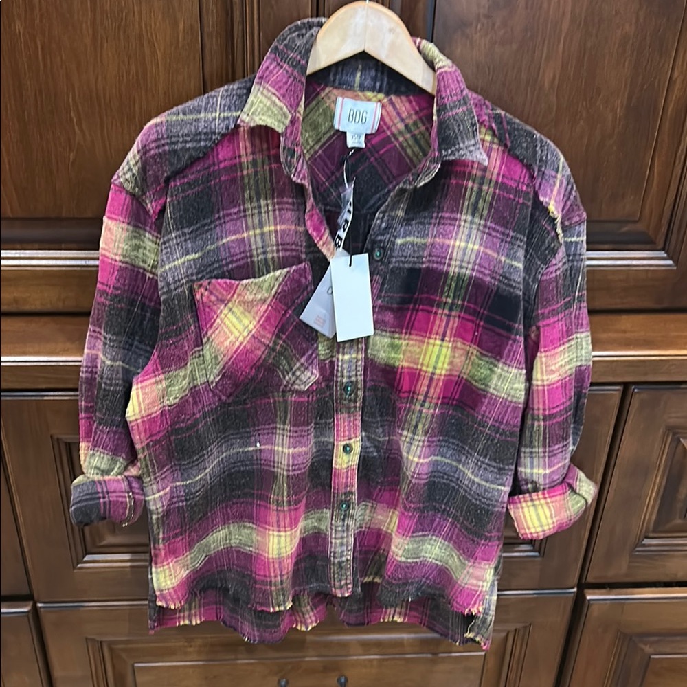 BDG Pink and Yellow Boxy Button Down Top